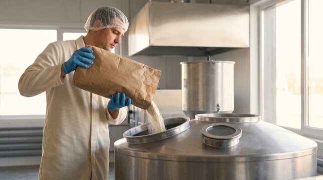 Operator charges starch into a pilot kettle