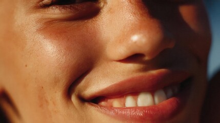 Naklejka premium Close-up of a woman's face. she appears to be smiling, with her eyes closed and her mouth slightly open. her lips are slightly parted, and her teeth are visible.