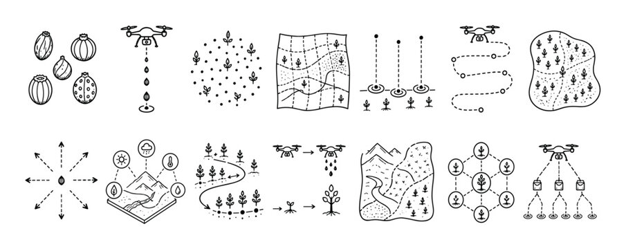 Set of hand-drawn smart farming icons illustrating precision agriculture concepts like drone irrigation, field mapping, crop monitoring, and data analysis in a simple black and white doodle style