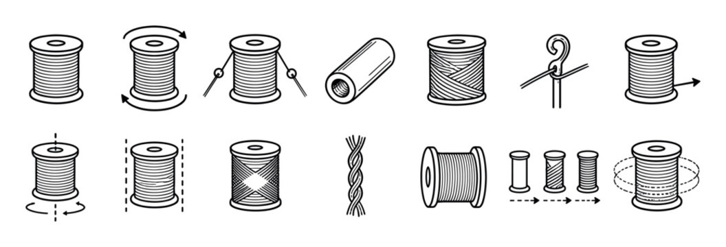 Collection of black and white thread spool icons illustrating various winding, twisting, and textile processes in a clean line art style for technical diagrams or instructions