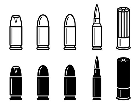 Ammunition icon set, 10 bullet and shotgun shell vector elements, black and white firearm cartridge symbols for hunting and defense