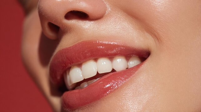 Close-up of a woman's mouth, showing her teeth. she is smiling widely, showing off her white teeth and her lips.