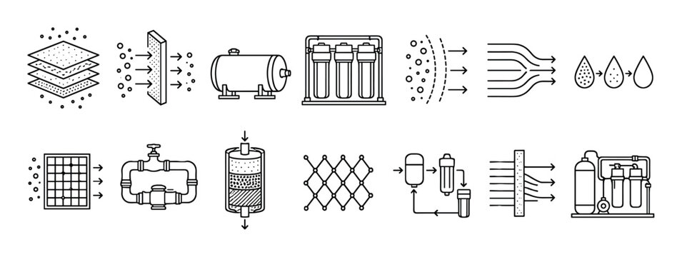 Water filtration and purification process icons set showing various stages of treatment, including membrane, carbon, and sediment filters in a minimalist line art style for infographics