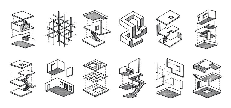 Collection of hand-drawn architectural concept sketches showing exploded axonometric views of abstract building structures with deconstructed floors, walls, and stairs