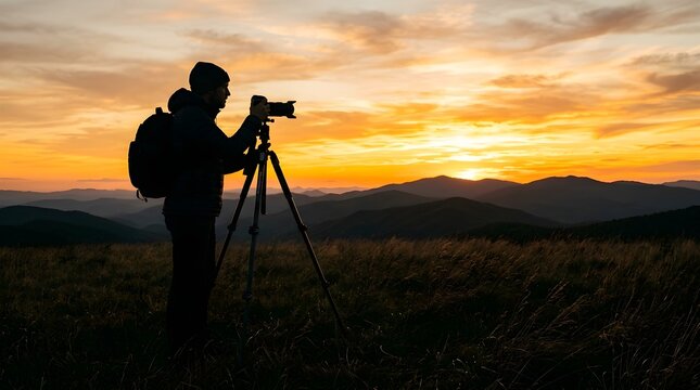 Professional photographer adjusts tripod camera at golden hour landscape sunset