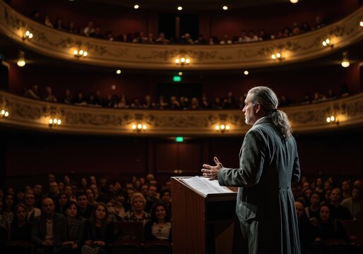 A confident role actor portraying a historical figure addresses an audience during a live performance in a large theater space ,performer ,theatrical ,stage