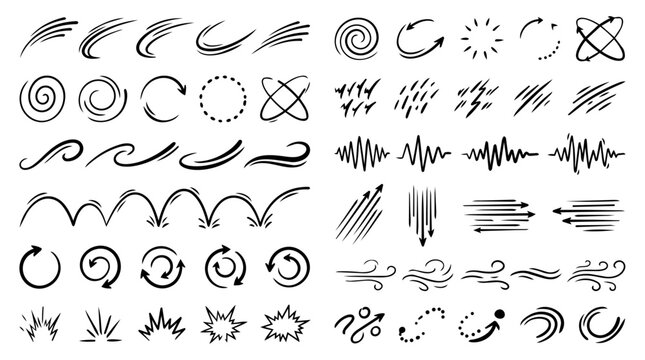 Hand drawn magic wand effects set. Black brush strokes, sparkles, swirls and sparkles. Hand drawn magic wand effects set.