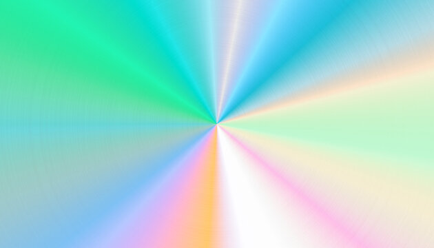 Holographic gradient metal foil noise background. Circular iridescent metallic backdrop. Shiny silver spectrum texture. Radial CD hologram pattern effect for