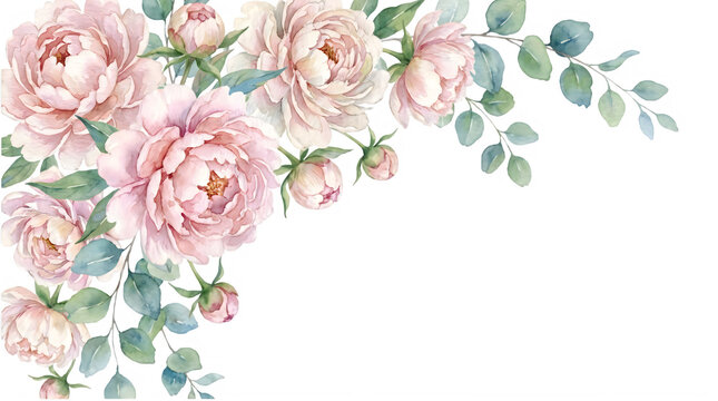 Watercolor pink peony floral corner, elegant blooming roses with eucalyptus leaves, soft pastel flower arrangement for wedding invitations isolated on Transparent Background
