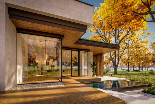 3d rendering of two-story house with parking and pool for sale or rent with concrete facade and beautiful landscaping on background. Clear sunny autumn day with golden leaves anywhere