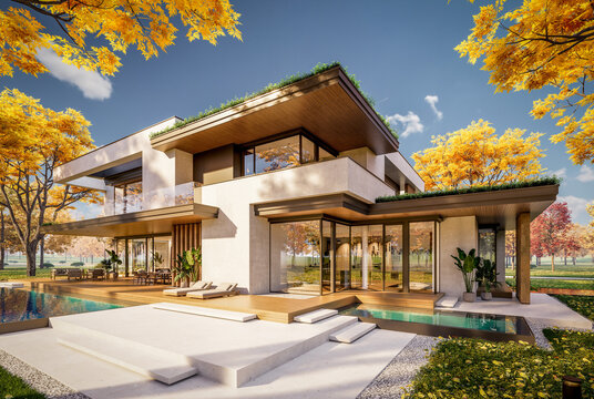 3d rendering of two-story house with parking and pool for sale or rent with concrete facade and beautiful landscaping on background. Clear sunny autumn day with golden leaves anywhere