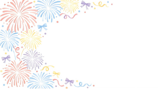 Pastel fireworks border with festive ribbons and bows. Soft watercolor celebration frame for greeting cards and invitations. isolated on Transparent Background