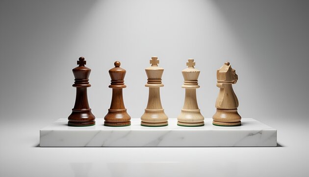 A minimalist still-life of seven wooden chess pieces arranged in a straight line on a low rectangular white marble plinth, alternating warm dark and pale blond woods, each piece upright and evenly spa