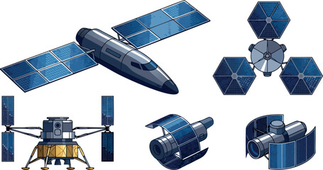Space Satellite and Spaceship Vector Set with Solar Panels, Lunar Lander, and Orbital Stations for Aerospace Technology, Science, and Astronomy Designs © Md