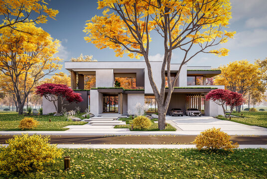 3d rendering of two-story house with parking and pool for sale or rent with concrete facade and beautiful landscaping on background. Clear sunny autumn day with golden leaves anywhere