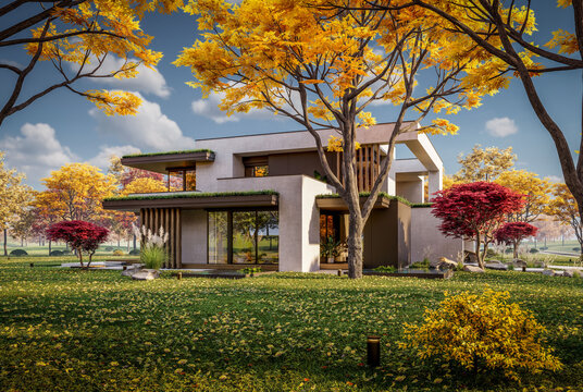 3d rendering of two-story house with parking and pool for sale or rent with concrete facade and beautiful landscaping on background. Clear sunny autumn day with golden leaves anywhere