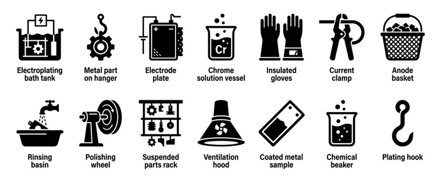 Black electroplating and metal finishing icon set showing industrial equipment and processes like the plating bath, polishing wheel, and chemical solution for galvanic coating