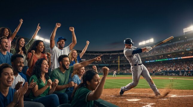 Baseball stadium at night, Baseball player hitting ball as cheering fans watch in crowded stadium at night  