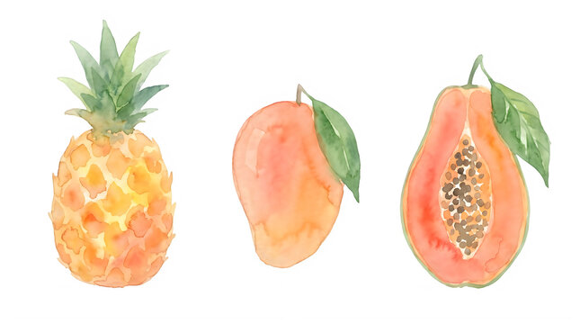Watercolor tropical fruit set, hand painted pineapple and mango, fresh papaya illustration for summer menu design isolated on Transparent Background