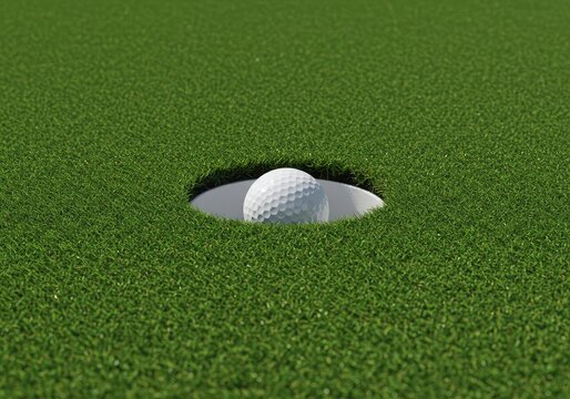 A dimpled white sphere rests perfectly within the excavated cup on the verdant putting surface, signifying a successful game ,recreational ,cup ,surface