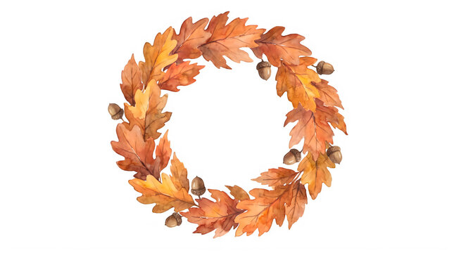 Watercolor autumn oak leaf wreath with acorns, rustic fall foliage circular frame, orange and brown botanical seasonal border isolated on Transparent Background
