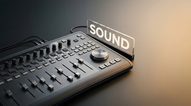 Audio mixing board, console and sound equipment in studio for music production, podcasting and broadcasting. Professional fader, levels and electronics with volume, knobs and recording mastering tool