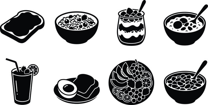 Healthy breakfast food and drink silhouette icon set vector illustration isolated on white background