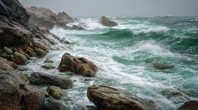 Dramatic coastal scene with crashing turquoise waves against a rugged, rocky shoreline under a gray, overcast sky