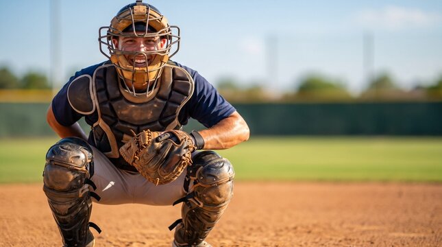 Catcher in full gear, Male baseball catcher crouching in protective gear on outdoor field  