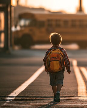Young child with backpack walks towards yellow school bus at sunrise, early morning light