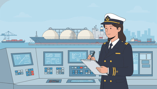 Female captain in uniform observes a large LNG gas tanker ship from a control room console while taking notes on a clipboard document.