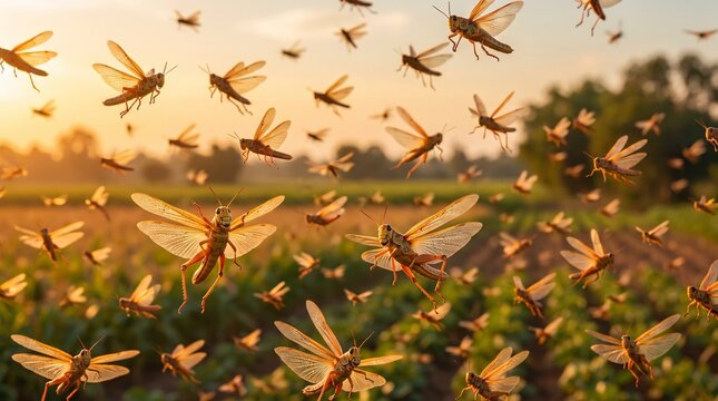 Locust swarm in flight over farmland at sunset