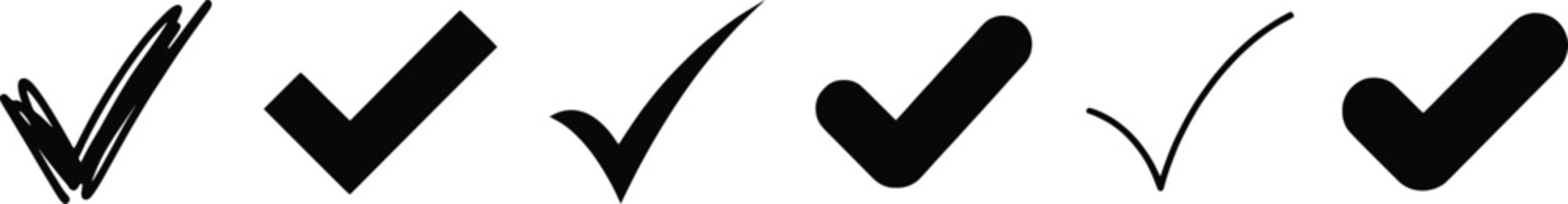 Hand drawn check mark icons, black tick symbols set of 6 EPS, minimalist survey validation marks for business checklists