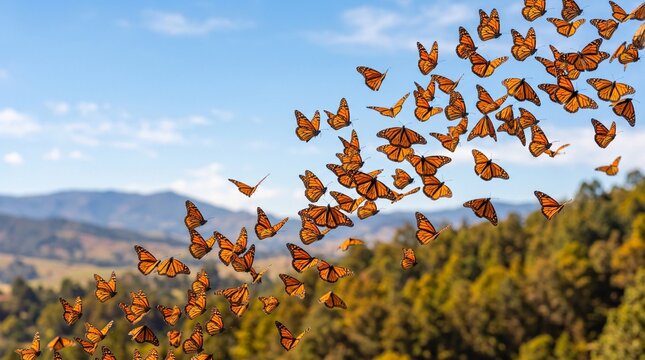 Monarch butterflies migrating south over forested mountains in daylight  