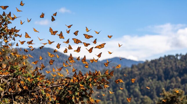 Monarch butterflies migrating south over trees in a mountain landscape