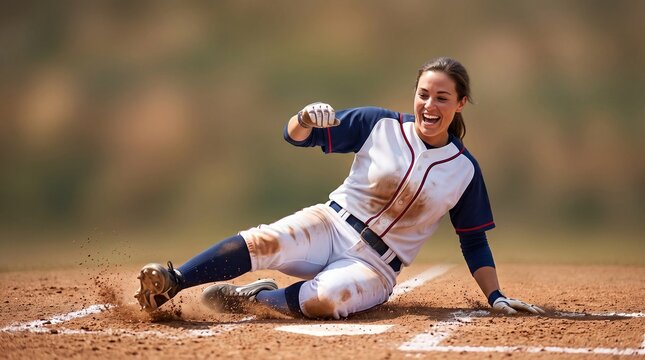 Player sliding into home plate, Young woman sliding in softball uniform on dusty baseball field  