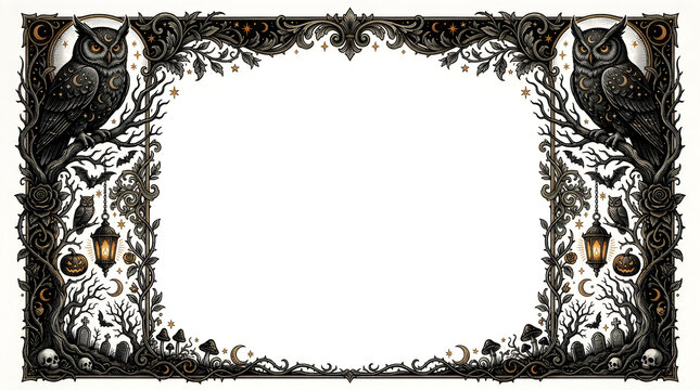 A decorative halloween vintage ornate rectangular frame with intricate gothic floral patterns and a white central space