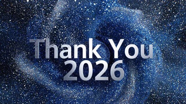 Thank You 2026 text emerging from blue powder explosion in slow motion
