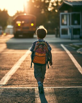 Young child with backpack crosses street towards school bus at sunrise, back view.