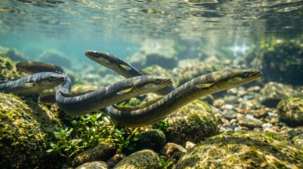 Fototapeta premium Eels swimming in river, Group of freshwater eels swimming among rocks in a clear river 
