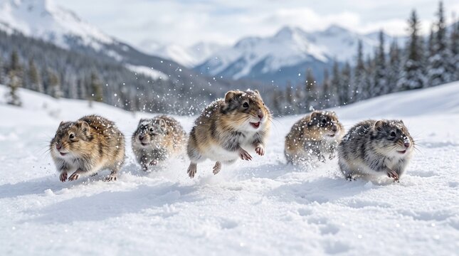 Lemmings running in snow, Wild lemmings running across snowy mountain landscape in winter  