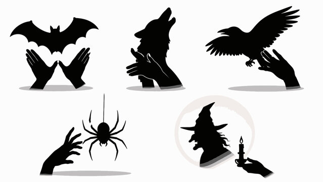 Spooky Halloween hand shadow puppets silhouettes of bat wolf raven spider and witch