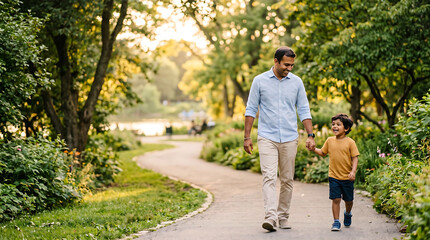 Obraz premium Father and Son Walking Together on a Peaceful Nature