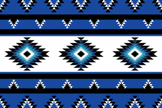 Southwestern tribal seamless pattern with royal blue, cyan, black, and white stepped diamond motifs. Native American Aztec vector background for carpet, rug, floor mat, fabric, and home decor.