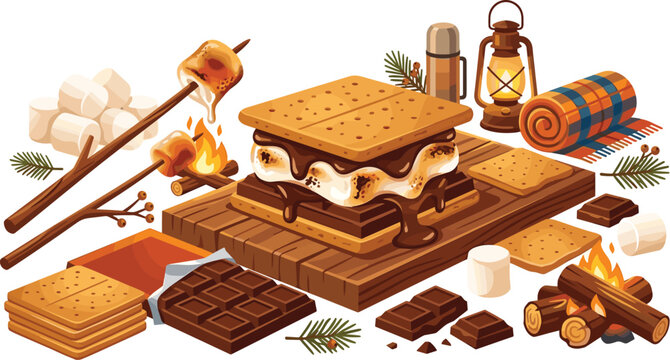 Cozy camping s'mores scene with toasted marshmallows, chocolate, graham crackers, campfire, lantern and outdoor picnic elements