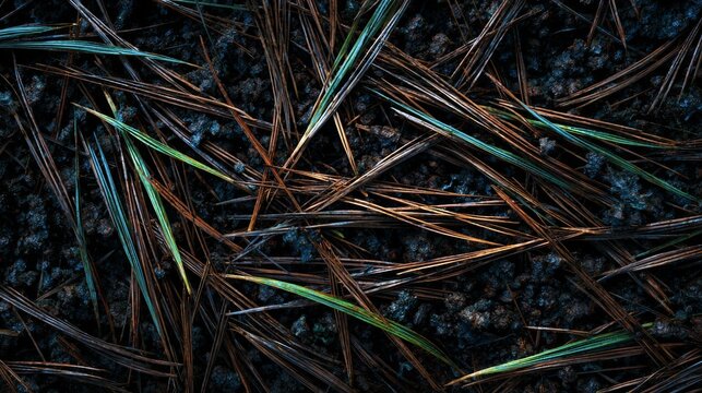 Close-up of pine needles scattered on dark earth, showcasing natural textures and contrasting colors