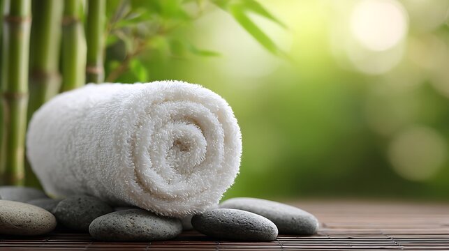 Spa Still Life with Zen Stones, Bamboo, White Towels, Candle and Greenery for Relaxation, Wellness, Aromatherapy and Natural Beauty Treatment Concept