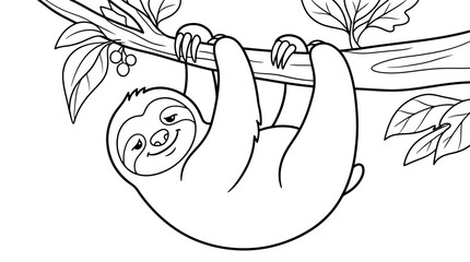 Naklejka premium Cute sloth hanging from a tree branch in a simple black and white illustration