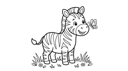 Naklejka premium Adorable baby zebra stands in grass with a butterfly on its nose illustration
