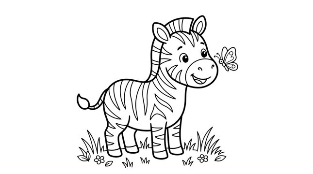 Adorable baby zebra stands in grass with a butterfly on its nose illustration